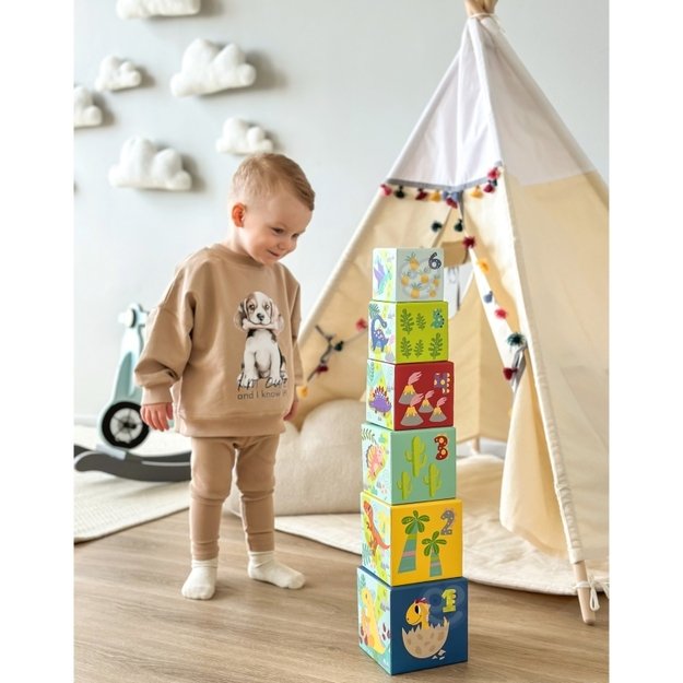 Medinės edukacinės kaladėlės vaikams + 6 žaislinės figūros Tooky Toy