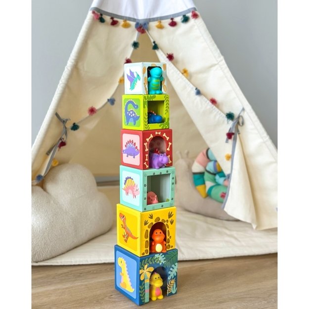 Medinės edukacinės kaladėlės vaikams + 6 žaislinės figūros Tooky Toy