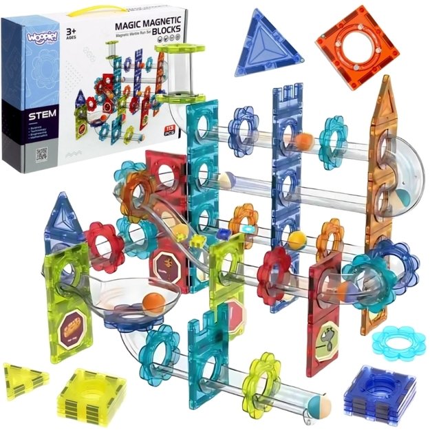 Magnetinis 3D kamuoliukų trasos rinkinys vaikams 113 vnt., WOOPIE