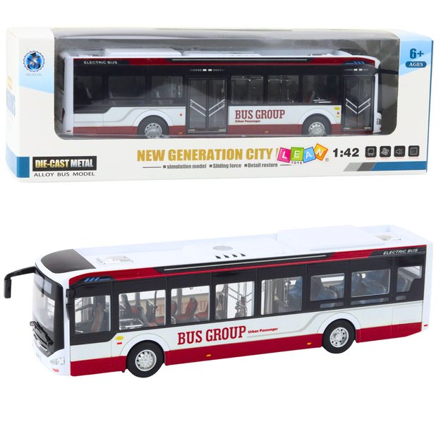 Metalinis miesto autobusas su šviečiančiais žibintais ir garso efektais 1:42, baltai raudonas