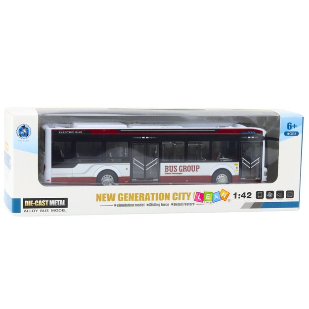 Metalinis miesto autobusas su šviečiančiais žibintais ir garso efektais 1:42, baltai raudonas 2