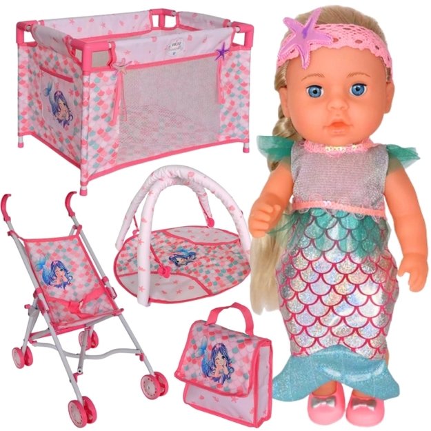 Lėlė kūdikis undinėlė su vežimėliu ir kitais priedais 36 cm 18in1, WOOPIE ROYAL