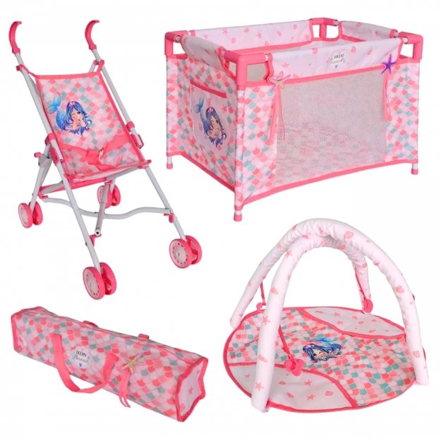 Lėlė kūdikis undinėlė su vežimėliu ir kitais priedais 36 cm 18in1, WOOPIE ROYAL 10