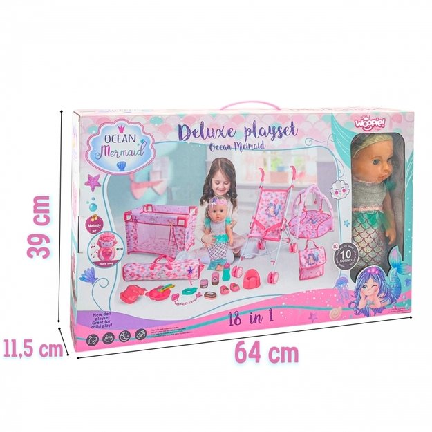 Lėlė kūdikis undinėlė su vežimėliu ir kitais priedais 36 cm 18in1, WOOPIE ROYAL 2