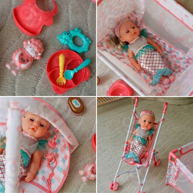 Lėlė kūdikis undinėlė su vežimėliu ir kitais priedais 36 cm 18in1, WOOPIE ROYAL 6