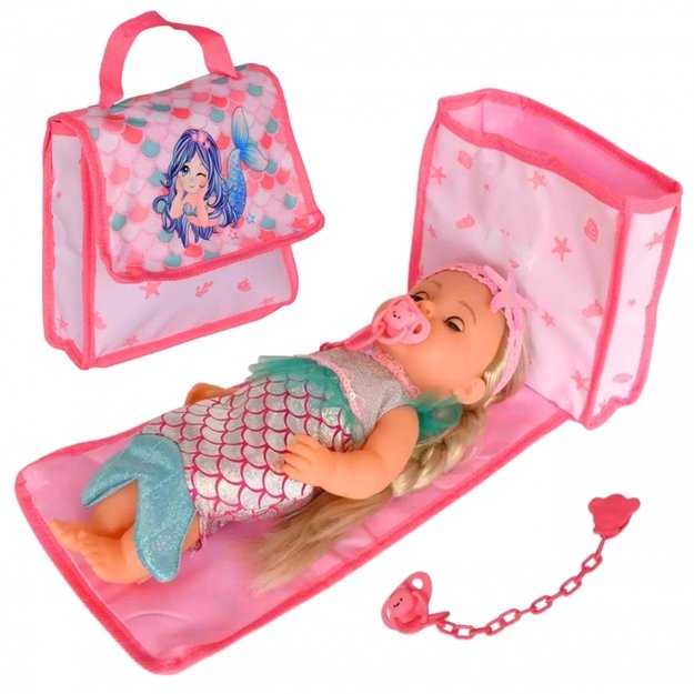 Lėlė kūdikis undinėlė su vežimėliu ir kitais priedais 36 cm 18in1, WOOPIE ROYAL 12