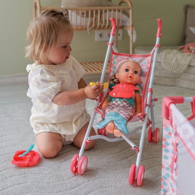 Lėlė kūdikis undinėlė su vežimėliu ir kitais priedais 36 cm 18in1, WOOPIE ROYAL 7