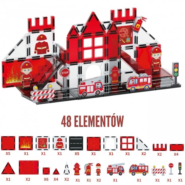 Magnetiniai 3D statybiniai blokai „Gaisrinė“,48 vnt., WOOPIE 2