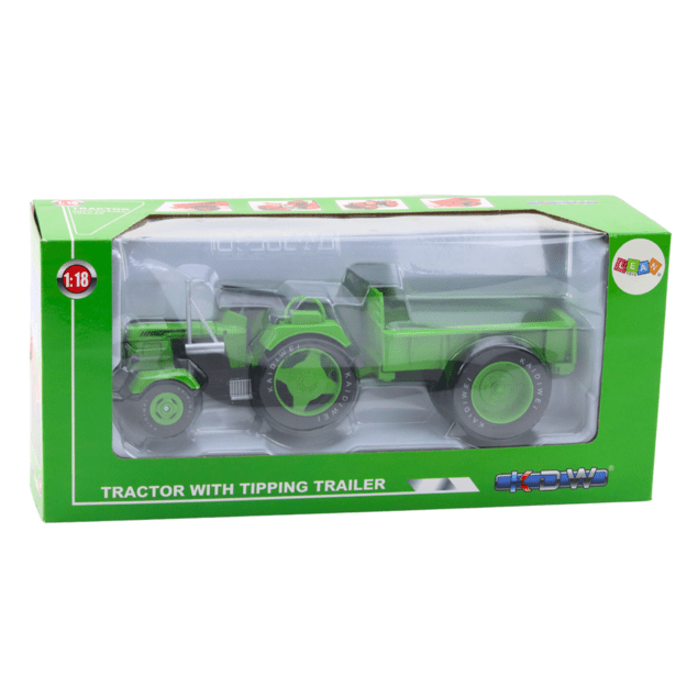 Metalinis ūkio traktorius su priekaba 1:18, žalias 