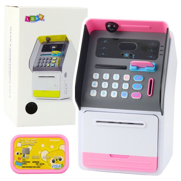 Interaktyvi taupyklė – seifas ATM su PIN kodu, rožinė