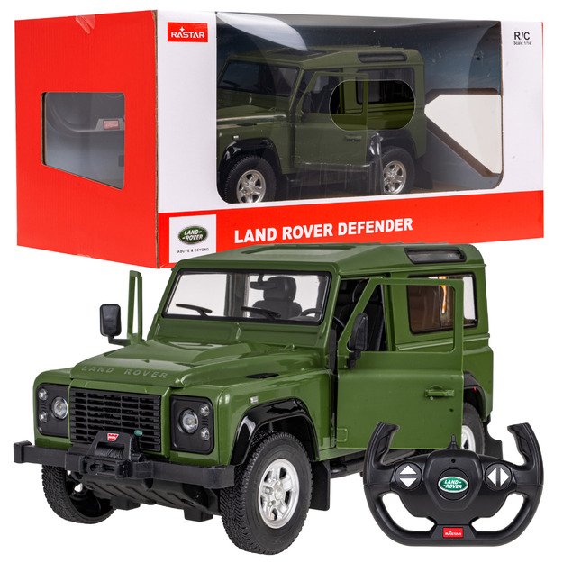 Nuotoliniu būdu valdomas Land Rover Defender automobilis, žalias