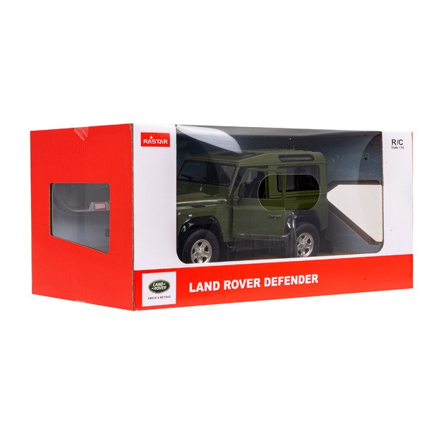 Nuotoliniu būdu valdomas Land Rover Defender automobilis, žalias