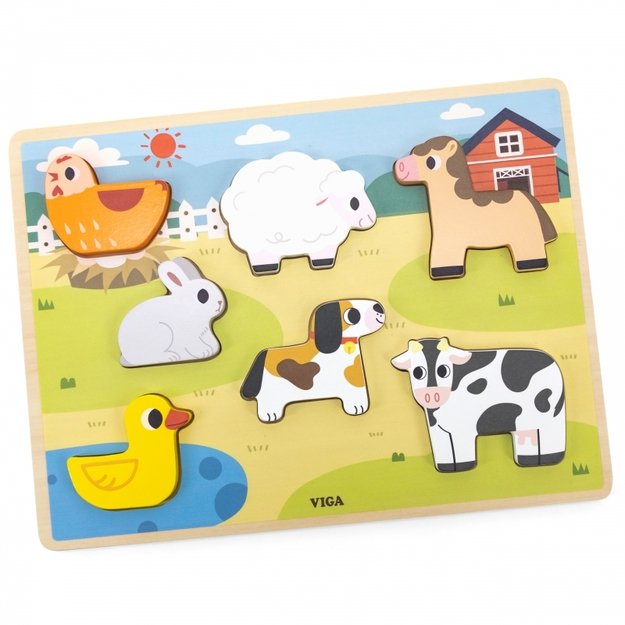 Medinė Montessori dėlionė 2in1, ūkis, VIGA