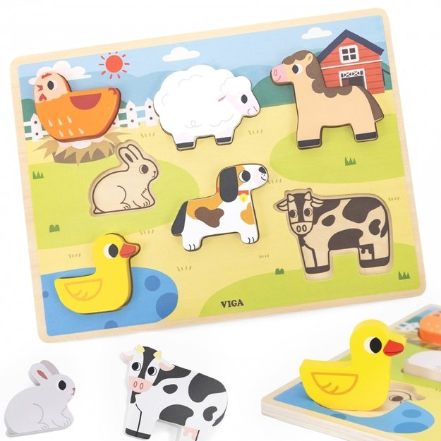Medinė Montessori dėlionė 2in1, ūkis, VIGA