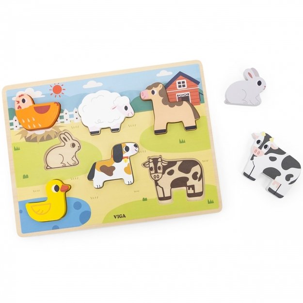 Medinė Montessori dėlionė 2in1, ūkis, VIGA