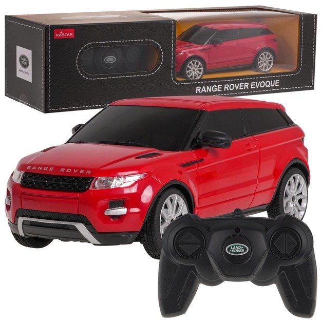 Nuotoliniu būdu valdomas Range Rover Evoque automobilis, raudonas