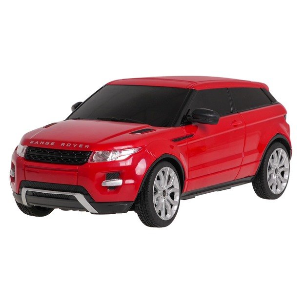 Nuotoliniu būdu valdomas Range Rover Evoque automobilis, raudonas