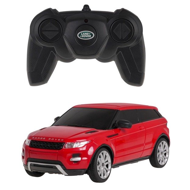 Nuotoliniu būdu valdomas Range Rover Evoque automobilis, raudonas