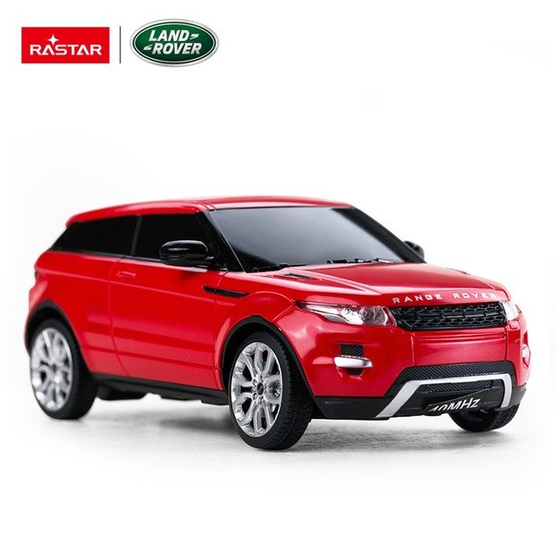 Nuotoliniu būdu valdomas Range Rover Evoque automobilis, raudonas