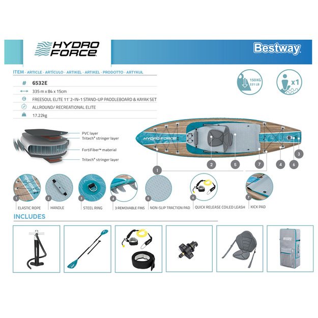 Pripučiama Hydro-Force SUP irklentė 335cmx84cmx15cm su atlošu 2in1, Bestway