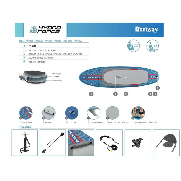 Pripučiama SUP Hydro-Force irklentė 305x84x15cm su atlošu 2in1, Bestway 