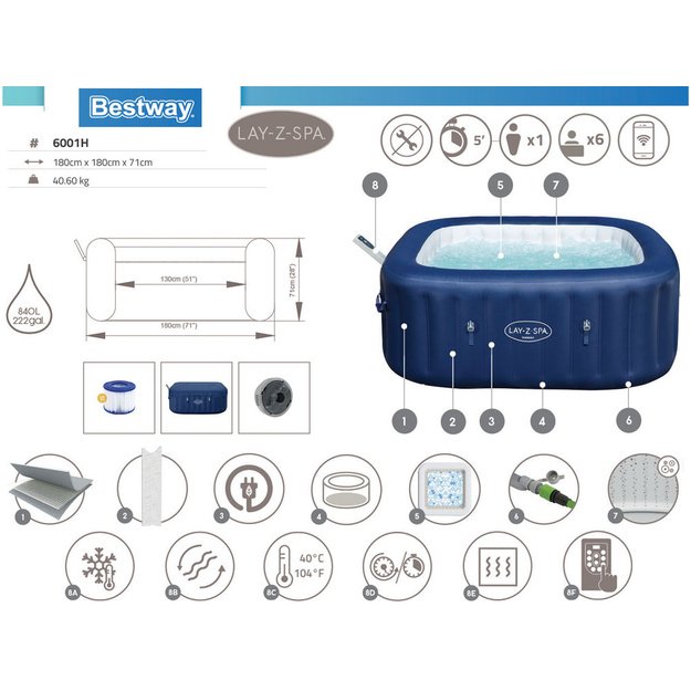 Pripučiama 4-6 asmenims sūkurinė vonia Lay-Z-Spa HAWAII su hidromasažu, Bestway