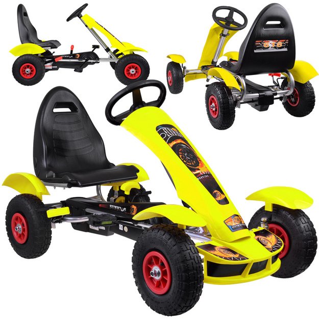 Sportinis pedalais minamas kartingas vaikams su pripučiamais ratais GOKARTAS, geltonas