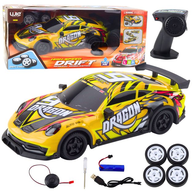 Nuotoliniu būdu valdomas lenktyninis automobilis su keičiamais ratais „Drift Yellow“