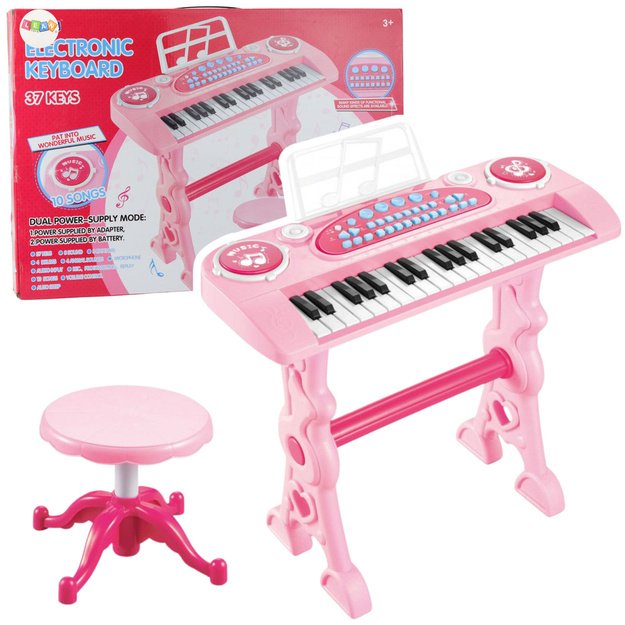 Interaktyvus pianinas vaikams su mikrofonu ir kėdute, 37 klavišai, rožinis