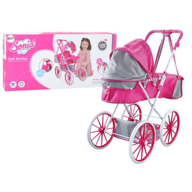 Didelis lėlių vežimėlis su krepšiu, rožinis