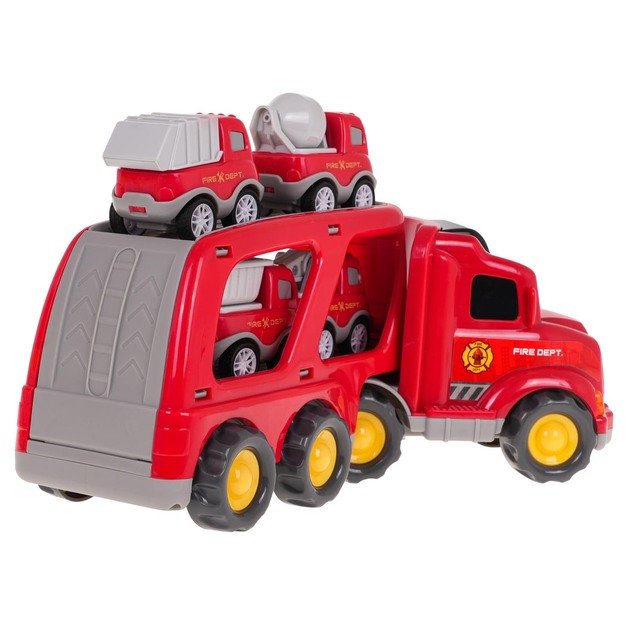 Interaktyvus automobilio su priekaba ir  statybinių transporto priemonių rinkinys, raudonas