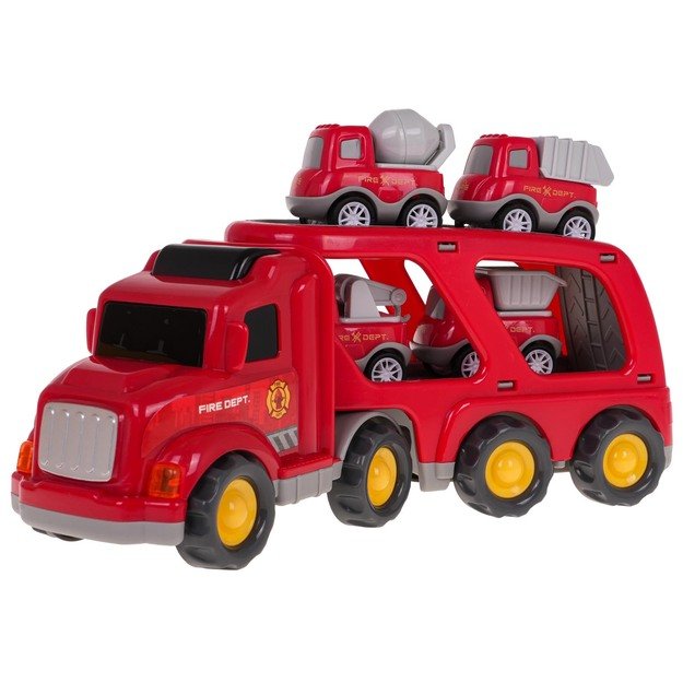Interaktyvus automobilio su priekaba ir  statybinių transporto priemonių rinkinys, raudonas