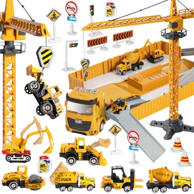Sunkvežimių 6in1 statybinis rinkinys su kranu ir priedais, WOOPIE