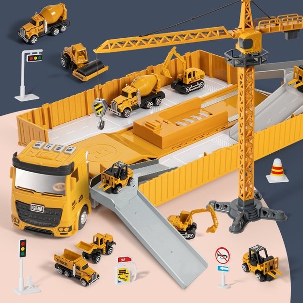 Sunkvežimių 6in1 statybinis rinkinys su kranu ir priedais, WOOPIE