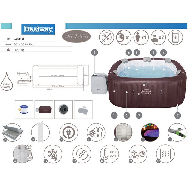 Pripučiama sūkurinė vonia „Lay-Z-Spa Maldives Pro7 2025“ su Wi-Fi ir LED, Bestway 6001U