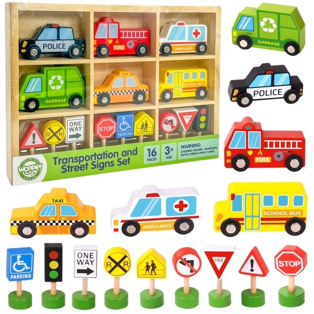 Medinių transporto priemonių ir kelio ženklų rinkinys 15 vnt., WOOPIE GREEN