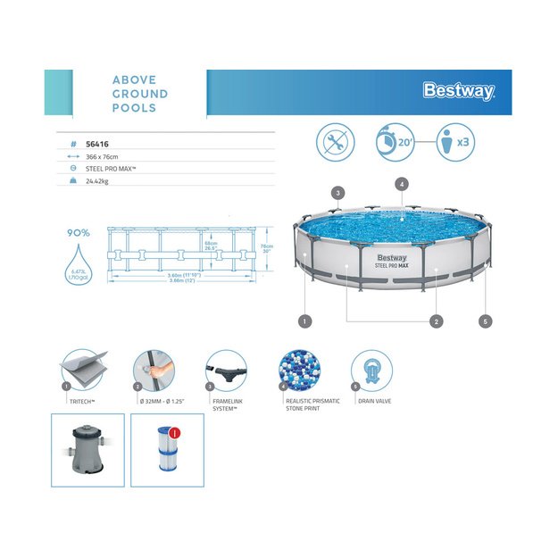 Karkasinis baseinas Bestway Steel Pro Max 366x76 cm, 8in1 56416