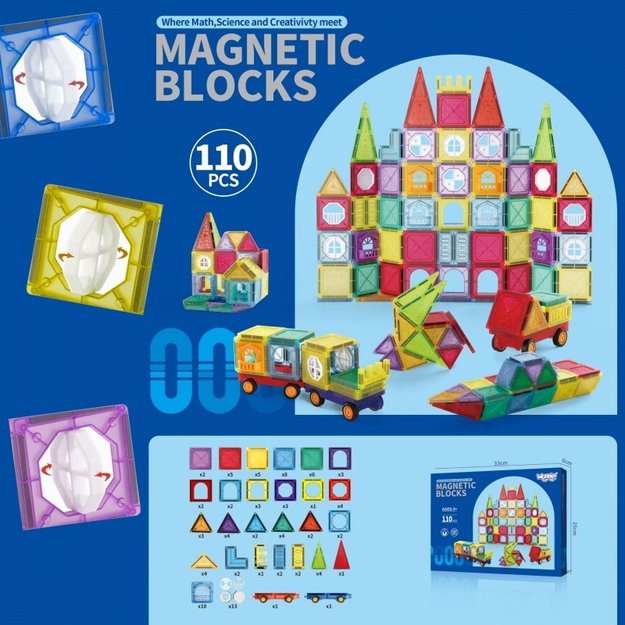 Magnetinis 3D konstruktorius vaikams „Pilis ir transporto priemonės“ 110 vnt., WOOPIE 8