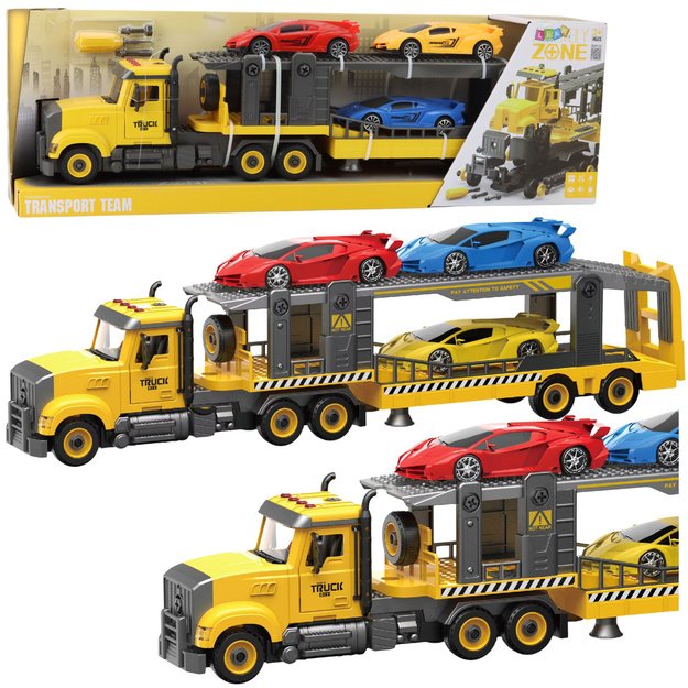 Žaislinis vilkikas su priekaba, atsuktuvu ir automobiliais