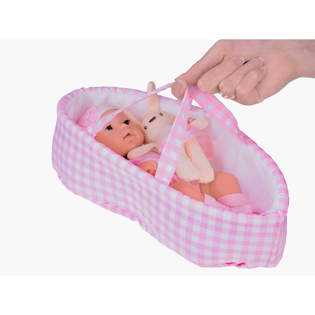 Lėlė kūdikis su gultuku ir triušeliu, rožinis