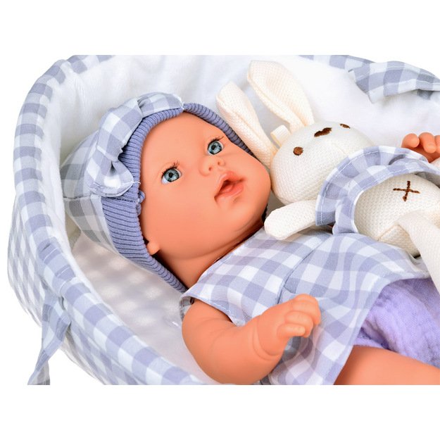 Lėlė kūdikis su gultuku ir triušeliu, violetinis