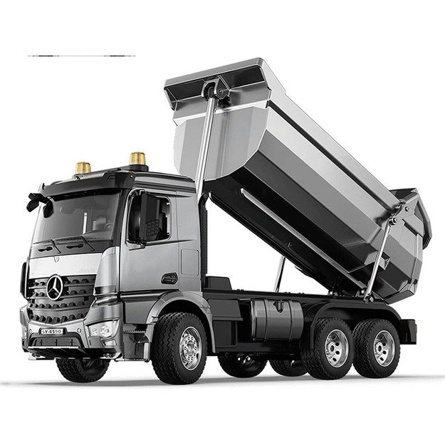 Nuotoliniu būdu valdomas Mercedes Arocs METAL savivartis 1:20, sidabrinis
