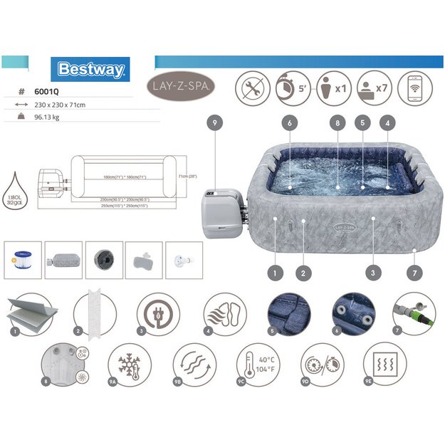 Pripučiama sūkurinė vonia „Lay-Z-Spa San Francisco PRO 7“ su Wi-Fi, Bestway 6001Q 