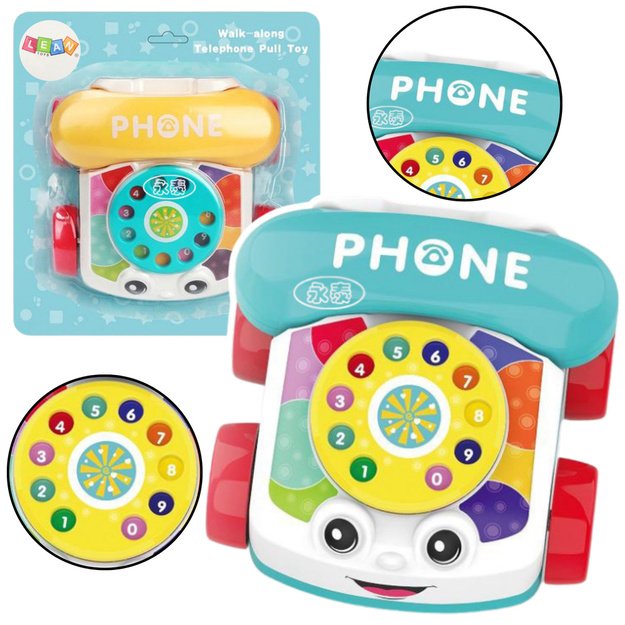 Traukiamas žaislinis telefonas ant ratų 