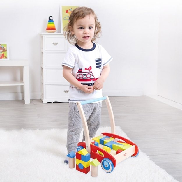 Medinis vežimėlis - stumdukas su kaladėlėmis 33 vnt. Tooky Toy