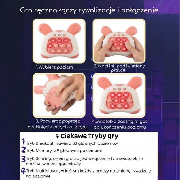 Arkadinis antistresinis žaidimas POP IT su garso efektais, WOOPIE, zuikis, rožinis 2