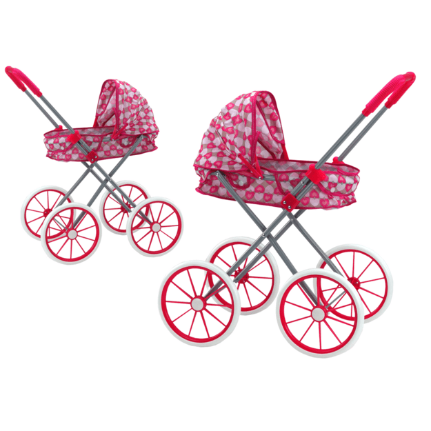 Lėlės vežimėlis su dideliais ratais, rožinis su širdelėmis