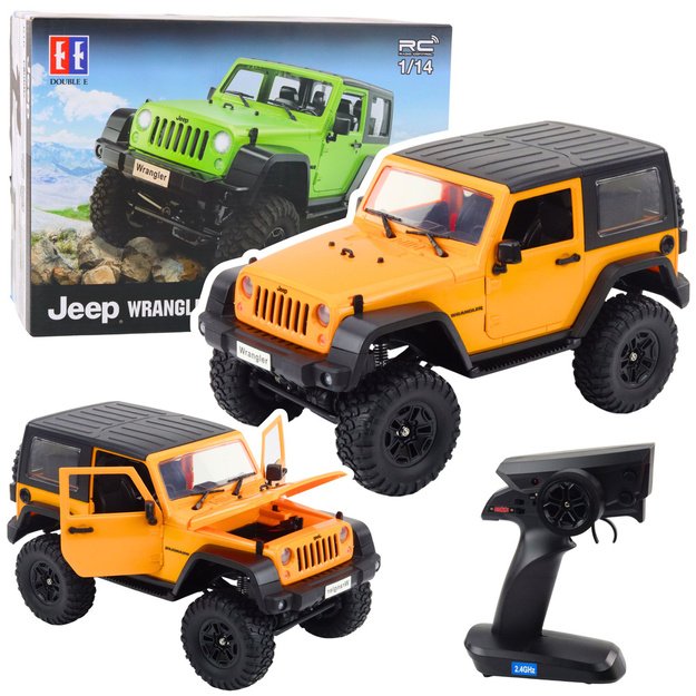 Nuotoliniu būdu valdomas visureigis Jeep Wrangler Rock Crawler 1:14, oranžinis