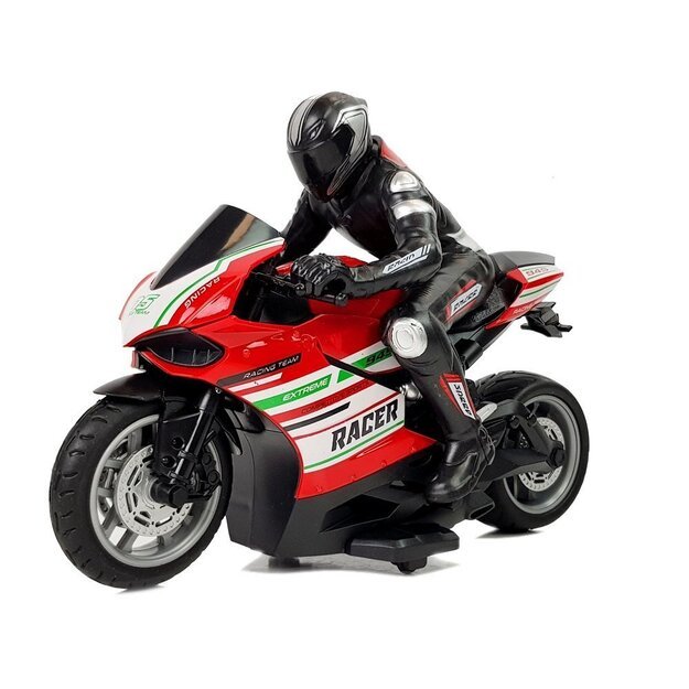 Nuotoliniu būdu valdomas sportinis motociklas, raudonas