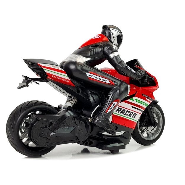 Nuotoliniu būdu valdomas sportinis motociklas, raudonas